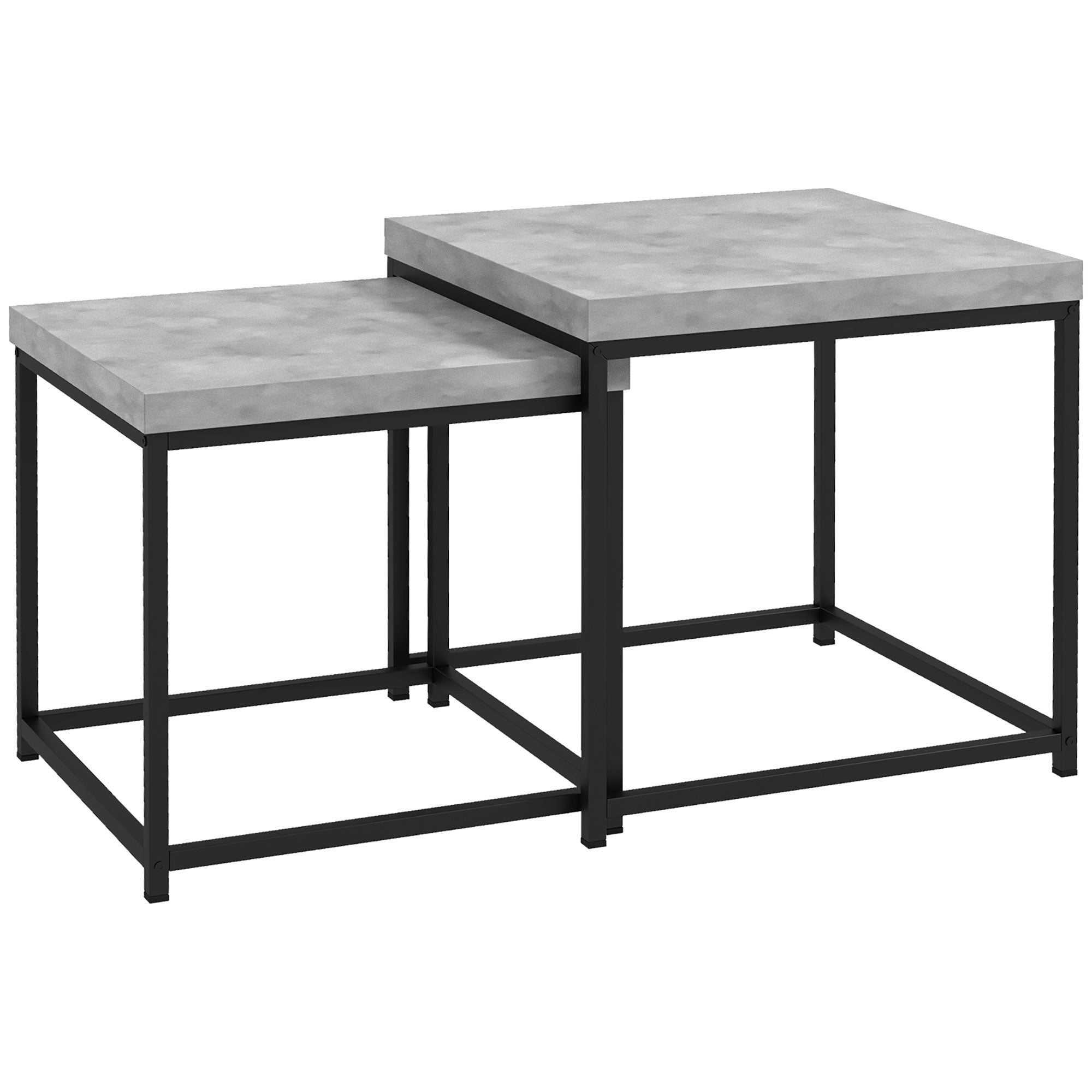 Set of 2 nestable square coffee tables with steel frame and gray wood tabletops