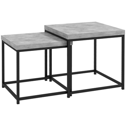 Set of 2 nestable square coffee tables with steel frame and gray wood tabletops