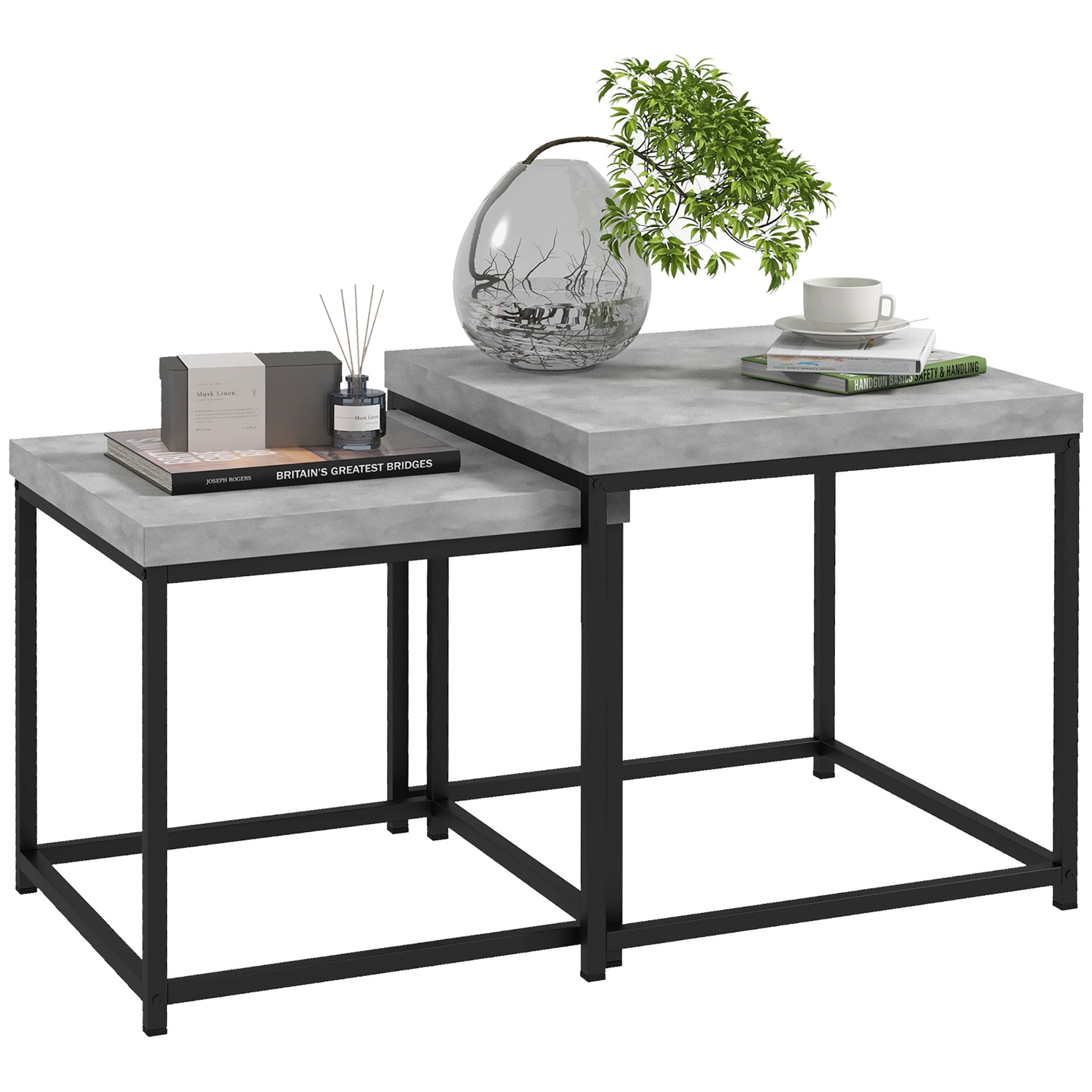 Set of 2 nestable square coffee tables with steel frame and gray wood tabletops