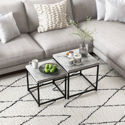 Set of 2 nestable square coffee tables with steel frame and gray wood tabletops