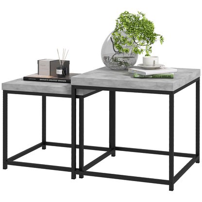 Set of 2 nestable square coffee tables with steel frame and gray wood tabletops