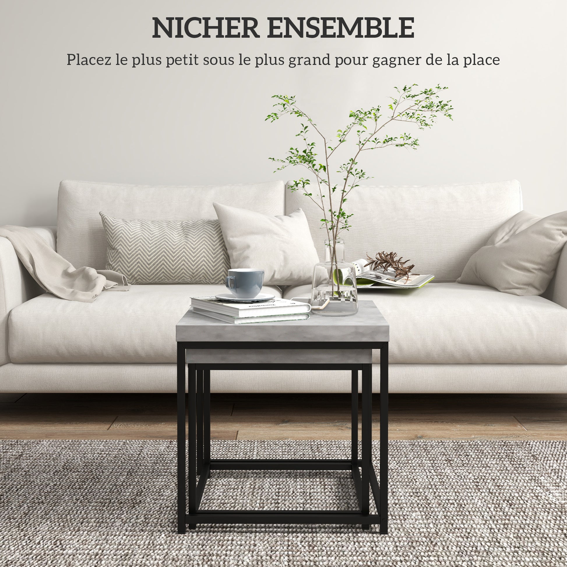 Set of 2 nestable square coffee tables with steel frame and gray wood tabletops