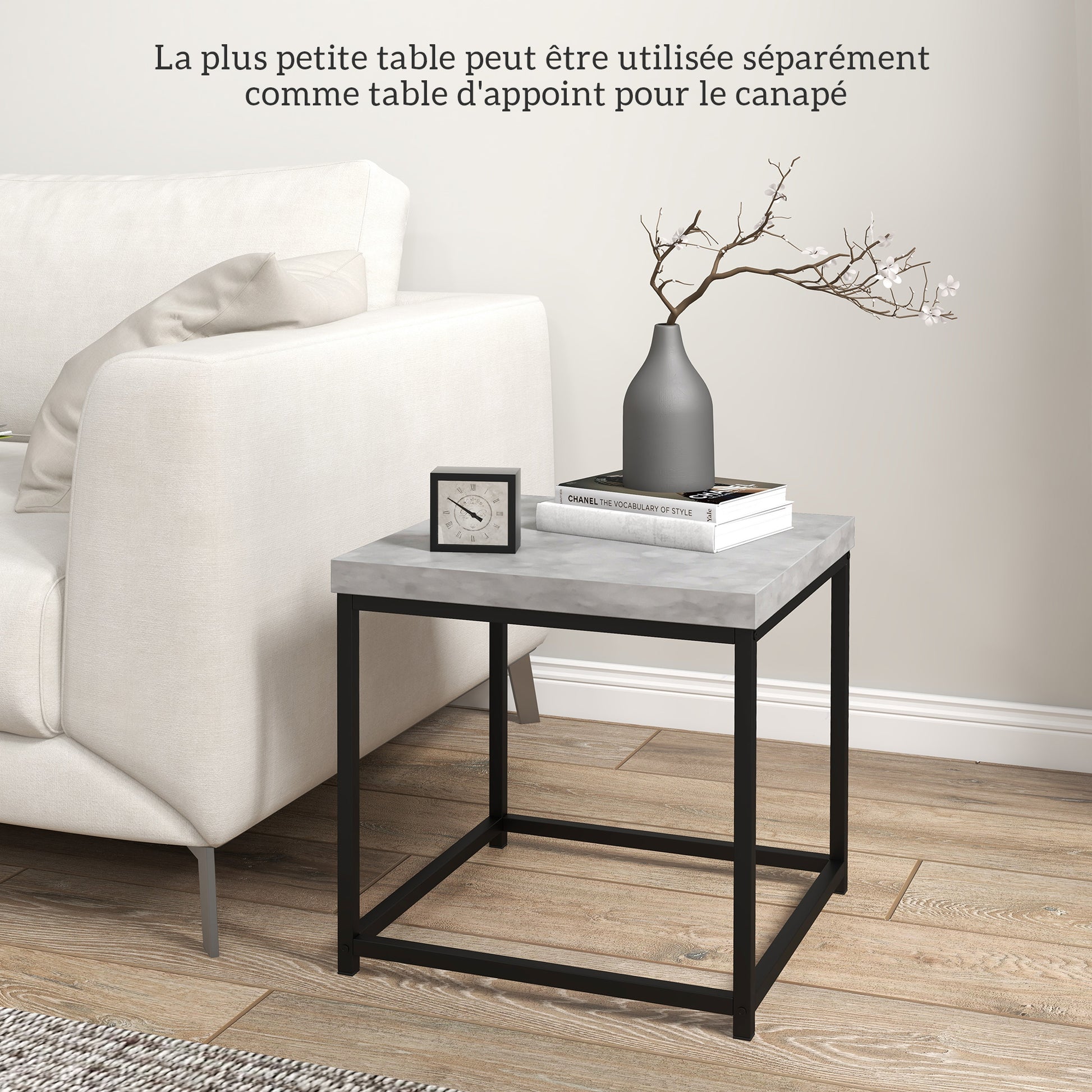 Set of 2 nestable square coffee tables with steel frame and gray wood tabletops