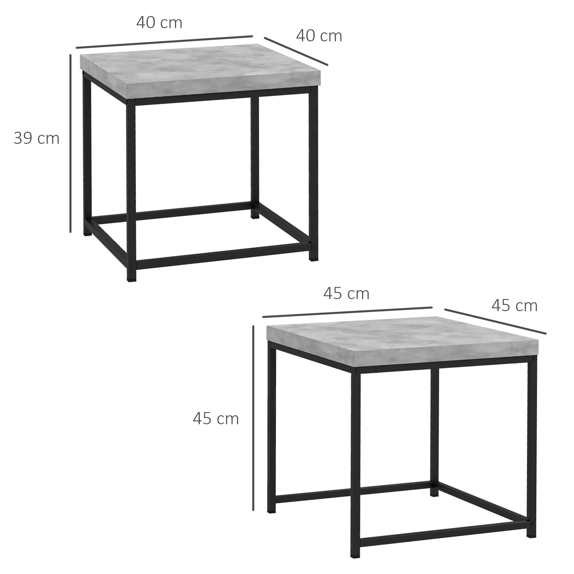 Set of 2 nestable square coffee tables with steel frame and gray wood tabletops