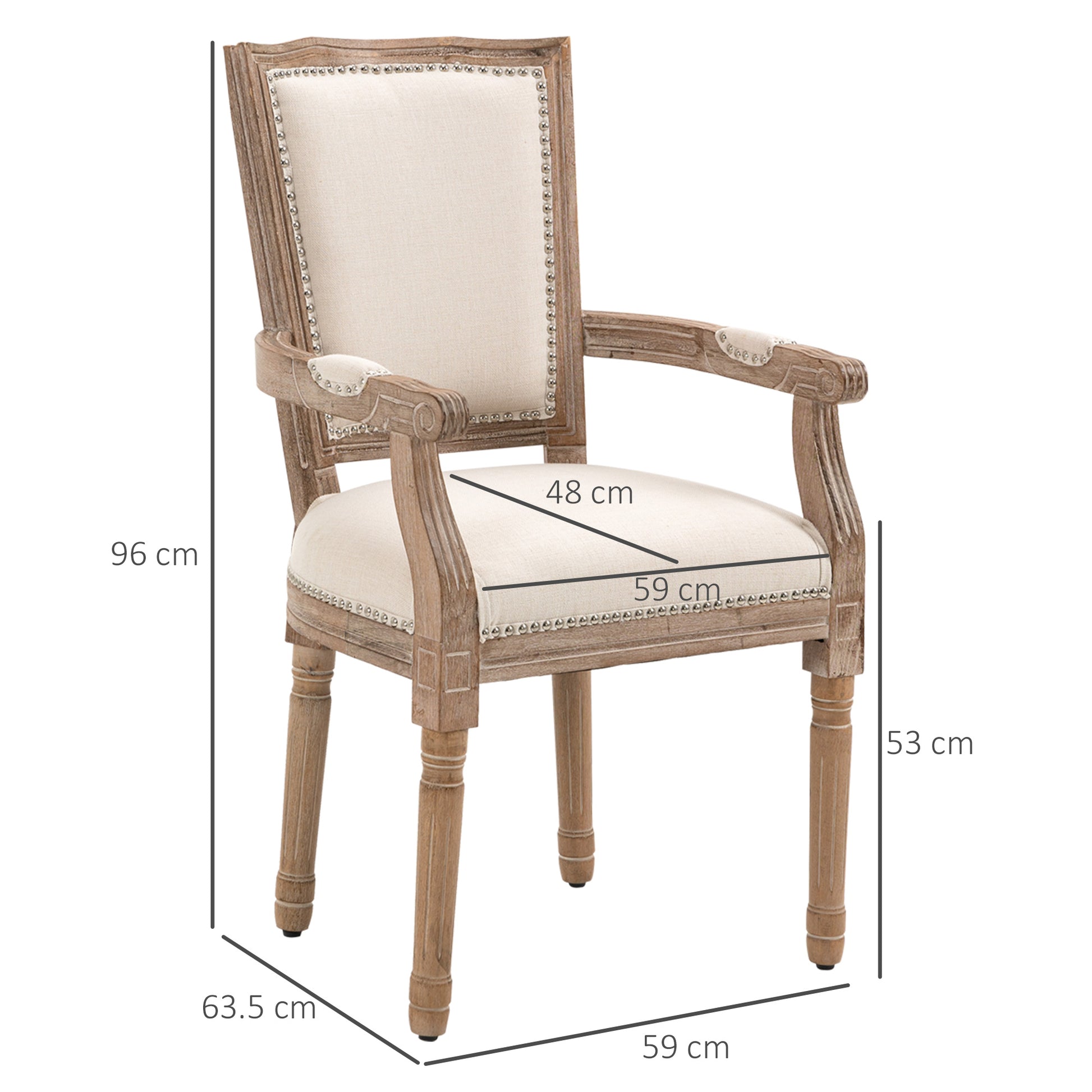 Dining Chair, Solid Wood Kitchen Chair, Padded Chair, Upholstered Chair with Linen Touch, Living Room Chair in Vintage Design, Cream White, 59 x 63.5 x 96 cm