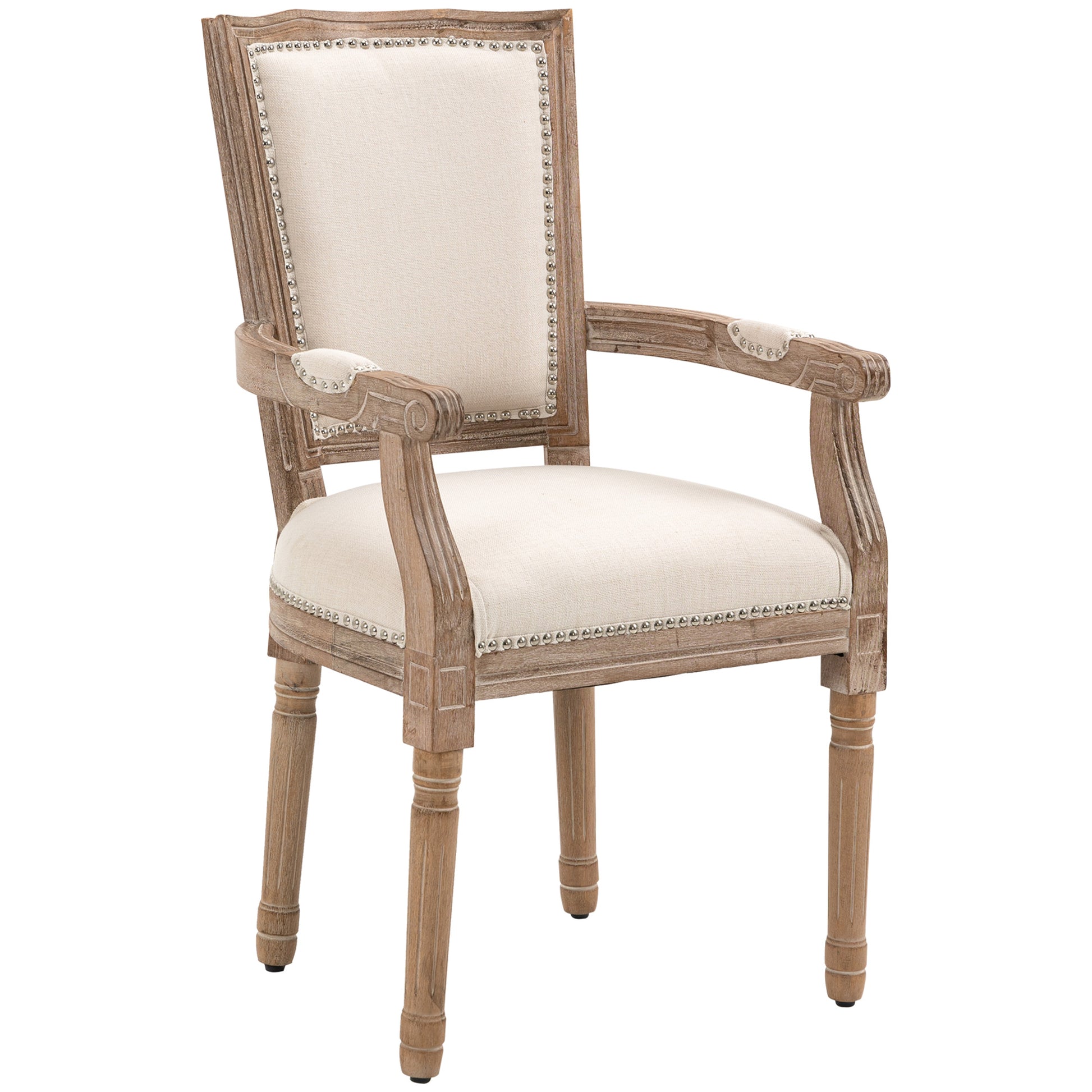 Dining Chair, Solid Wood Kitchen Chair, Padded Chair, Upholstered Chair with Linen Touch, Living Room Chair in Vintage Design, Cream White, 59 x 63.5 x 96 cm