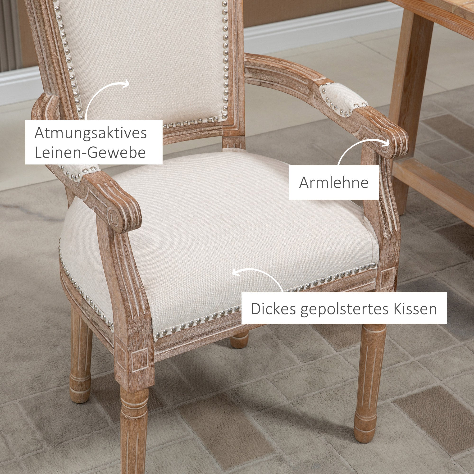Dining Chair, Solid Wood Kitchen Chair, Padded Chair, Upholstered Chair with Linen Touch, Living Room Chair in Vintage Design, Cream White, 59 x 63.5 x 96 cm