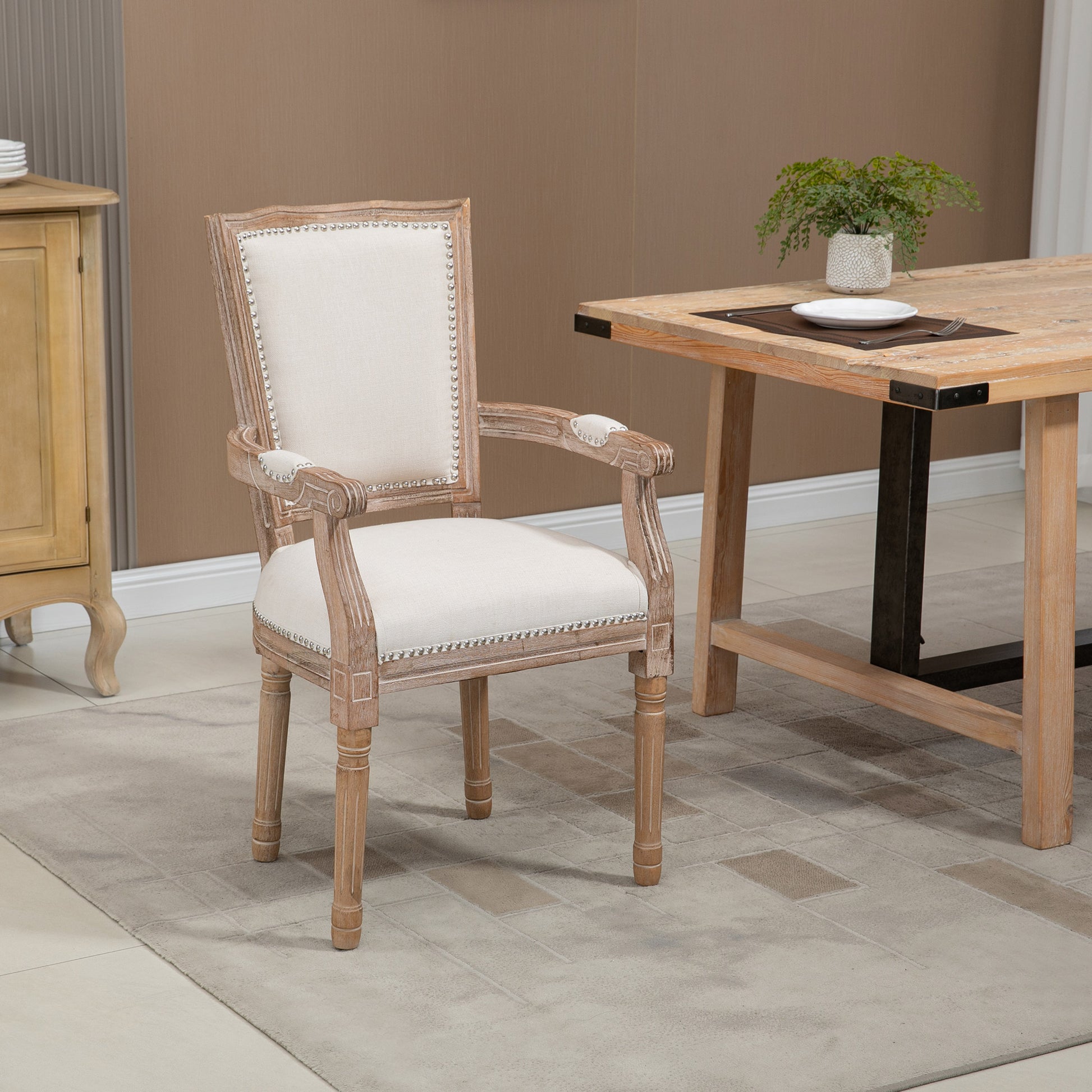 Dining Chair, Solid Wood Kitchen Chair, Padded Chair, Upholstered Chair with Linen Touch, Living Room Chair in Vintage Design, Cream White, 59 x 63.5 x 96 cm