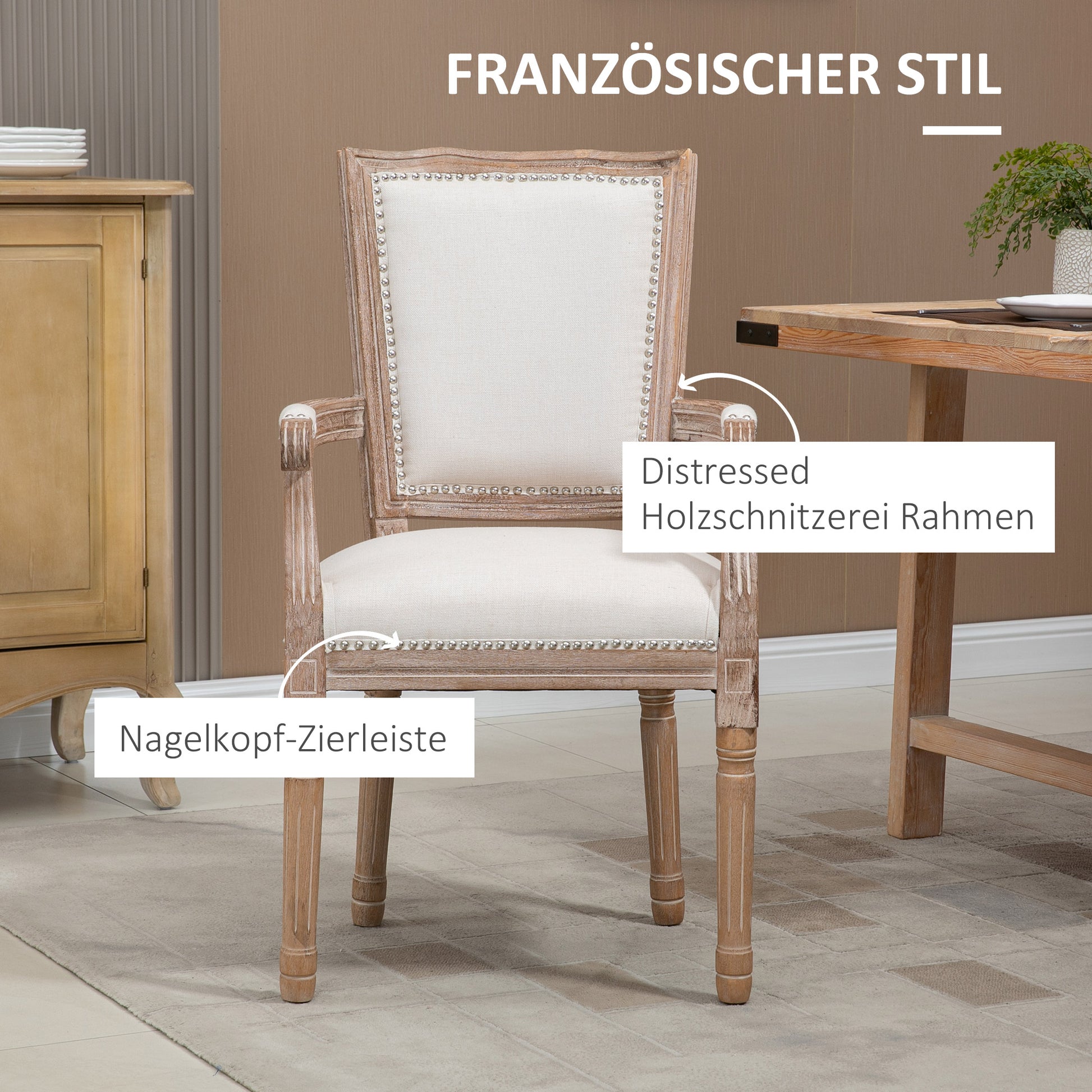 Dining Chair, Solid Wood Kitchen Chair, Padded Chair, Upholstered Chair with Linen Touch, Living Room Chair in Vintage Design, Cream White, 59 x 63.5 x 96 cm