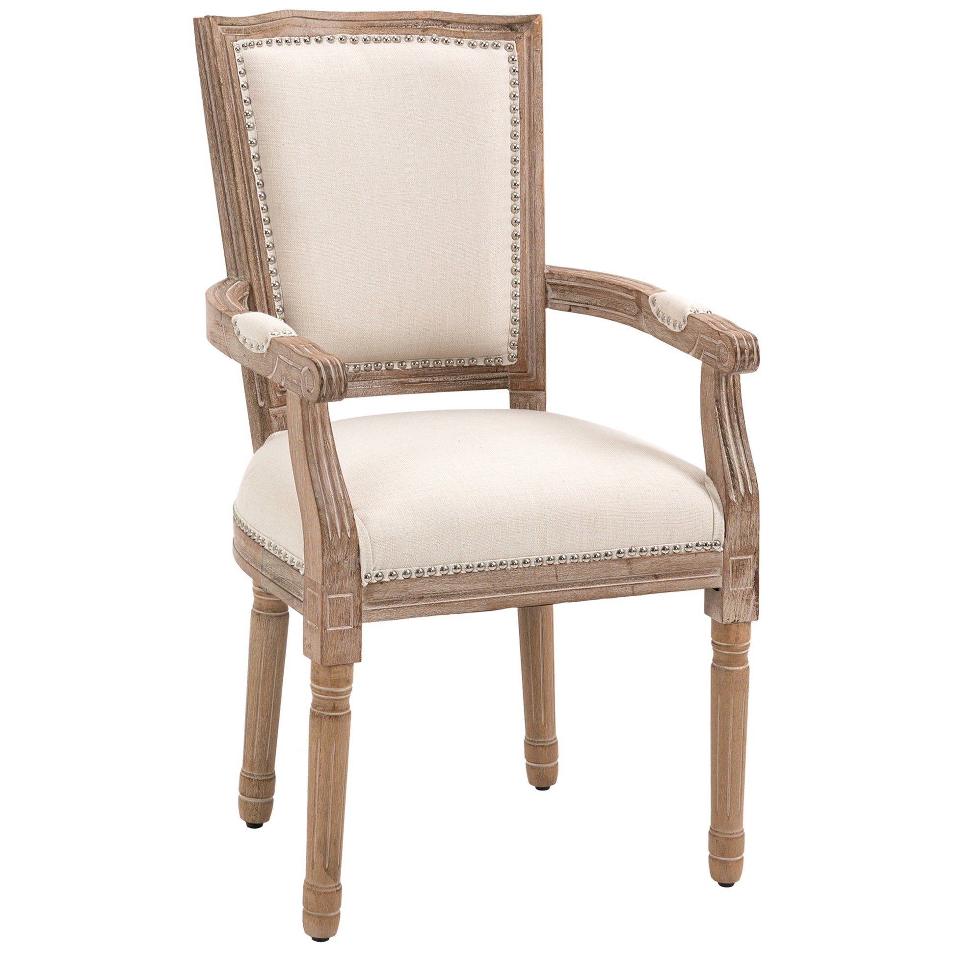 Dining Chair, Solid Wood Kitchen Chair, Padded Chair, Upholstered Chair with Linen Touch, Living Room Chair in Vintage Design, Cream White, 59 x 63.5 x 96 cm