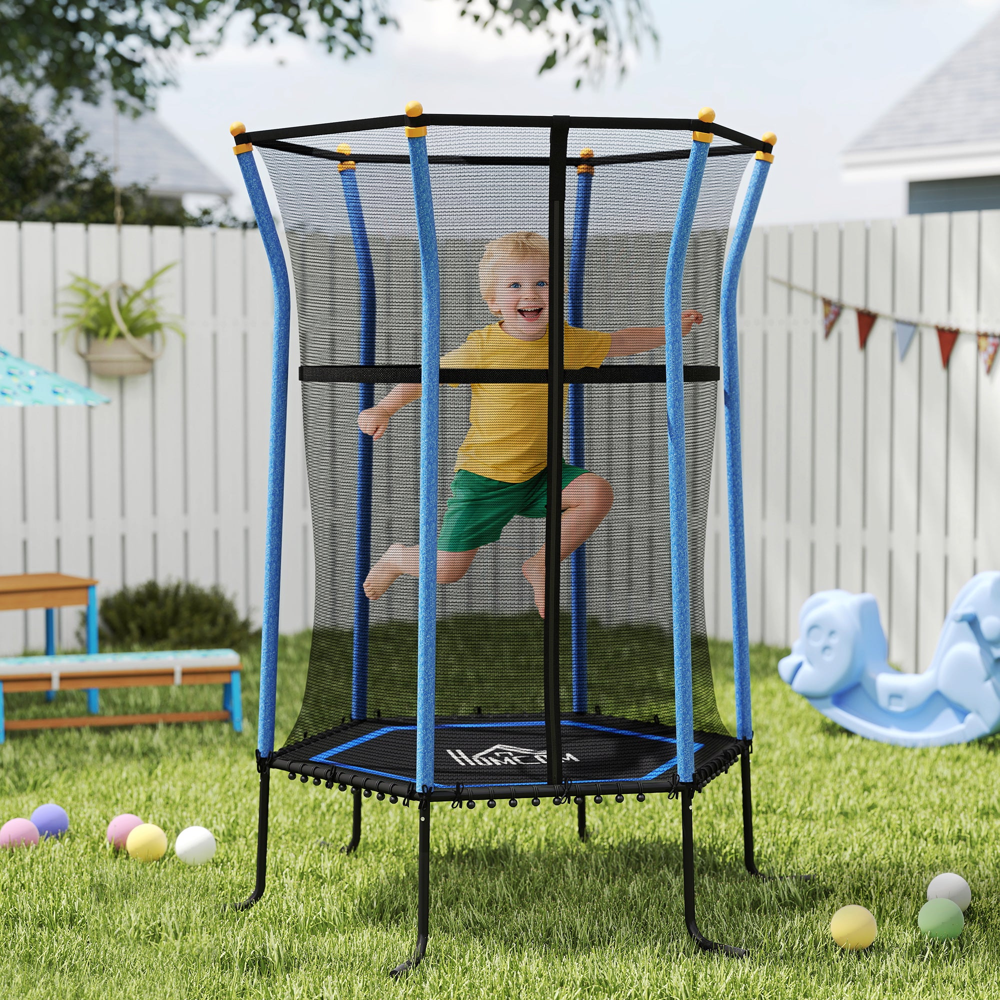 Children's Trampoline Ø163.5 cm, Indoor Trampoline with Safety Net Edge Cover Bungee Cord, Children's Trampoline up to 50 kg, for Children 3-10 Years Blue
