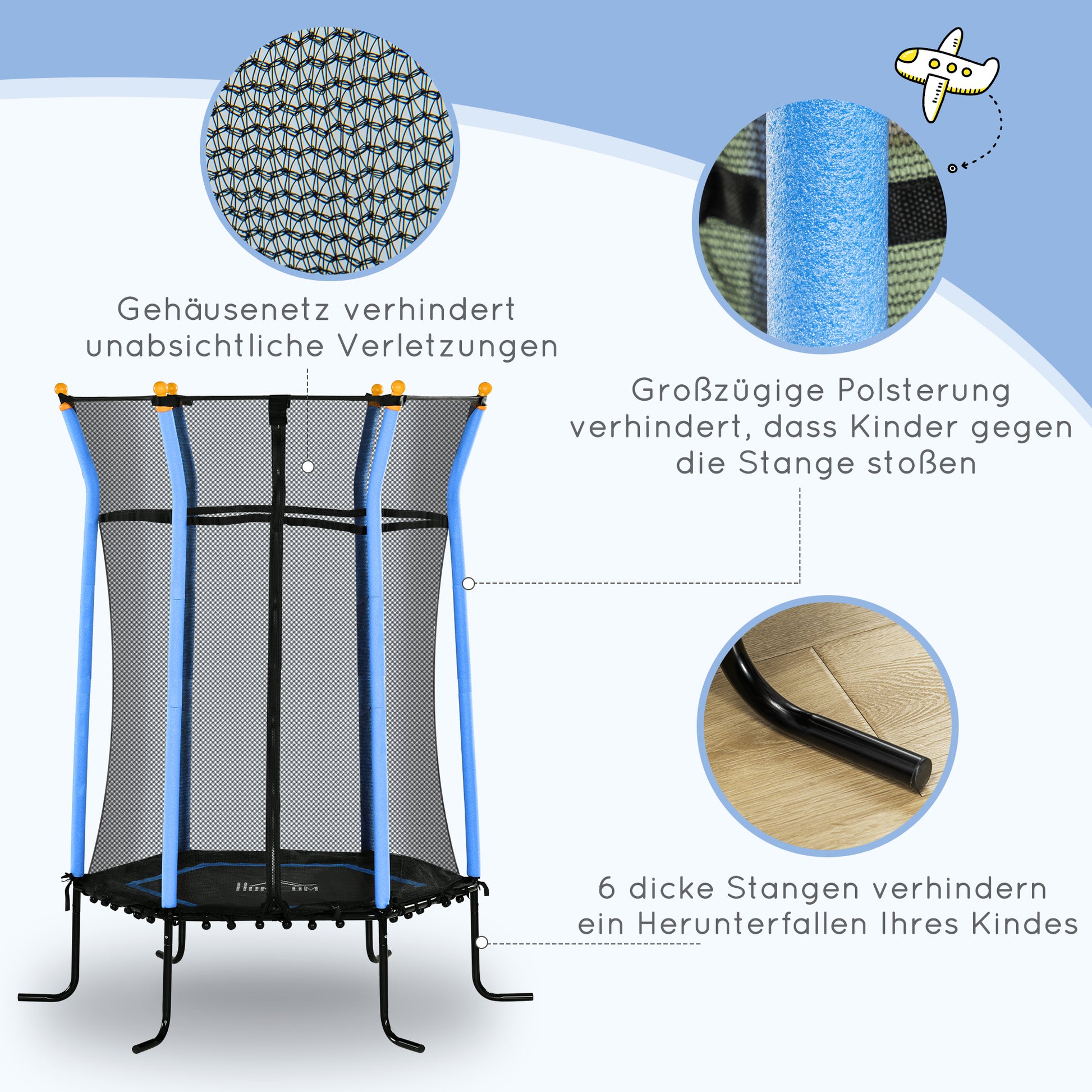 Children's Trampoline Ø163.5 cm, Indoor Trampoline with Safety Net Edge Cover Bungee Cord, Children's Trampoline up to 50 kg, for Children 3-10 Years Blue