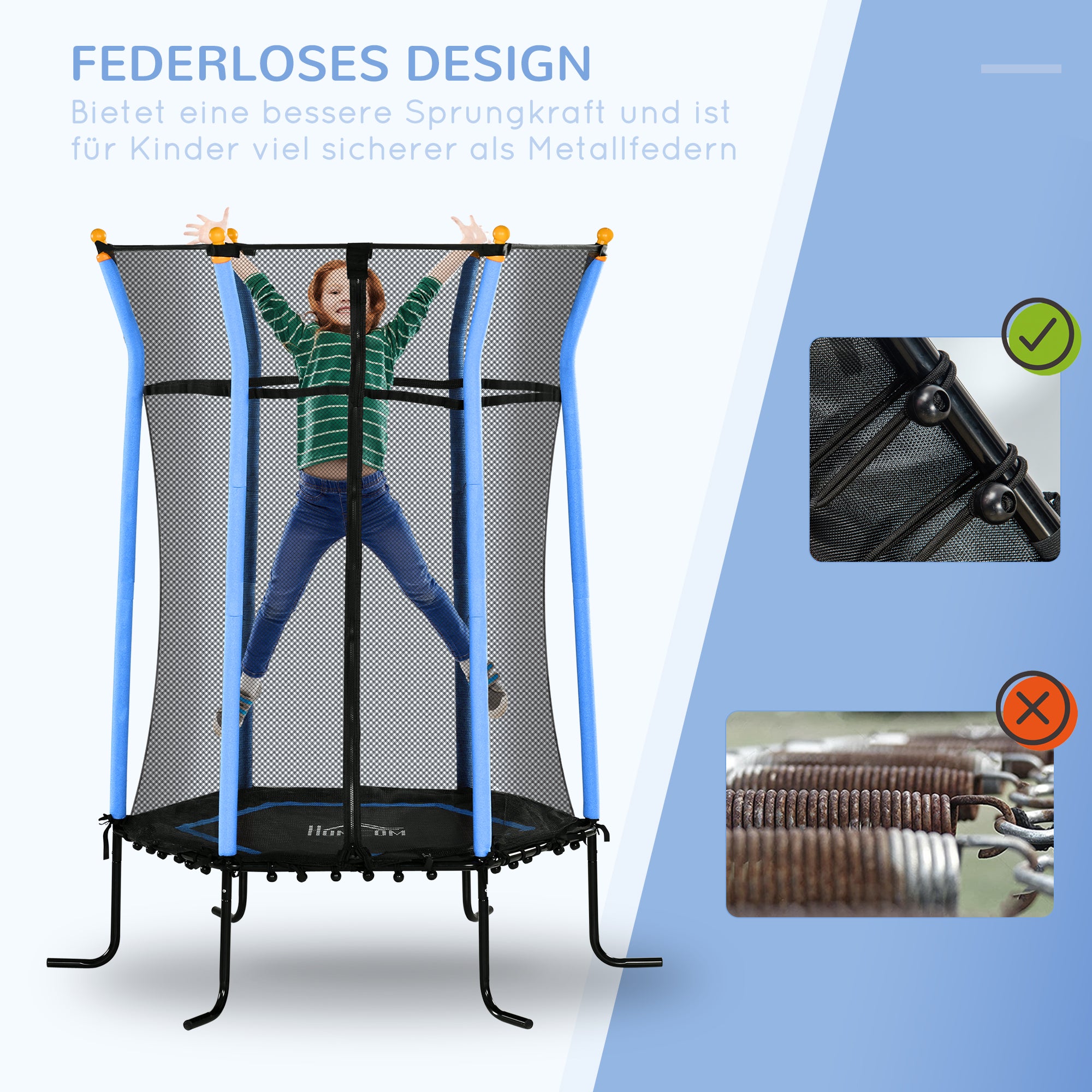 Children's Trampoline Ø163.5 cm, Indoor Trampoline with Safety Net Edge Cover Bungee Cord, Children's Trampoline up to 50 kg, for Children 3-10 Years Blue