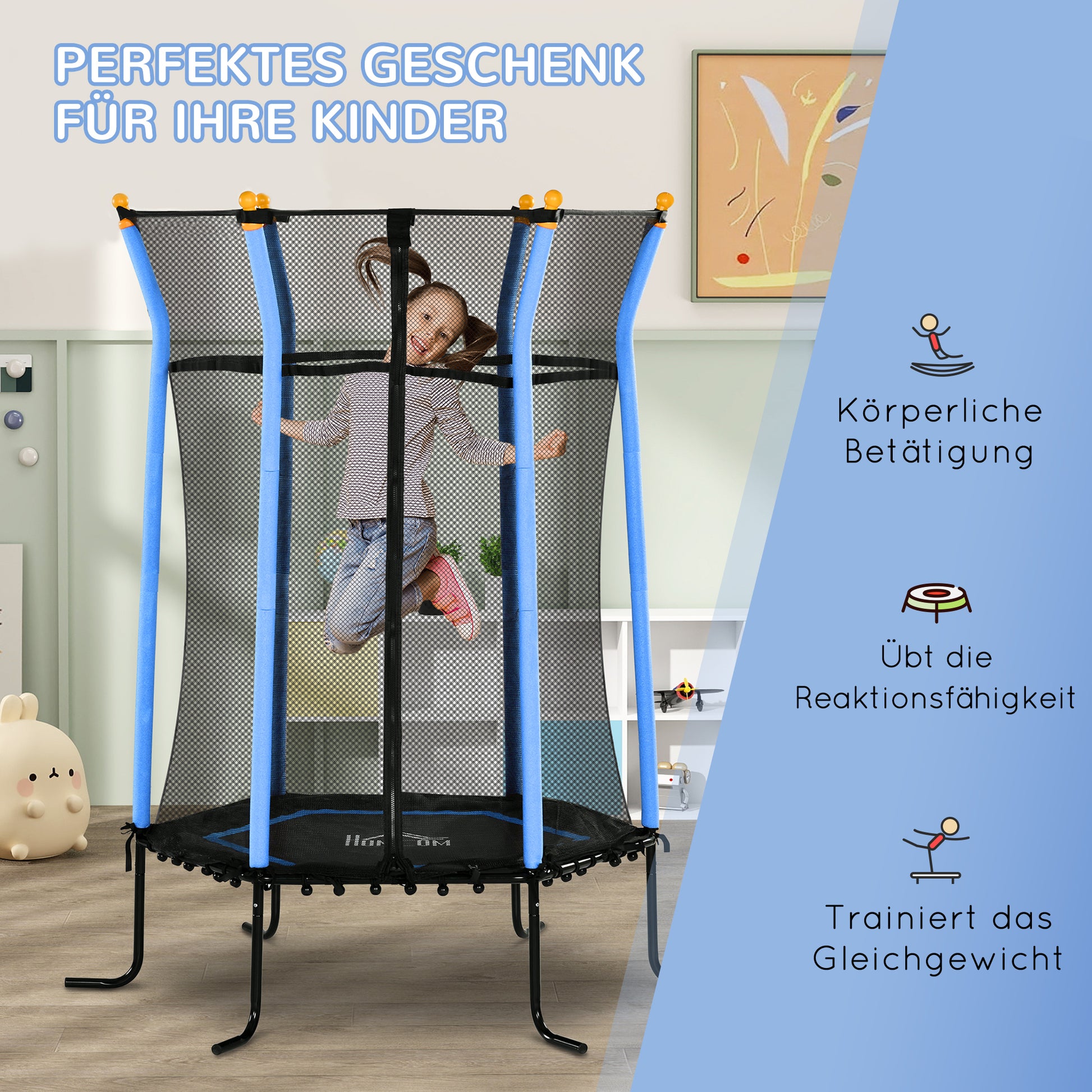 Children's Trampoline Ø163.5 cm, Indoor Trampoline with Safety Net Edge Cover Bungee Cord, Children's Trampoline up to 50 kg, for Children 3-10 Years Blue