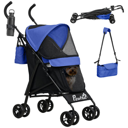 Dog Buggy Foldable Dog & Cat Stroller Cat Buggy with Mesh Windows, Shoulder Strap, Storage Bag, Cup Holder Umbrella Cat Buggy Dark Blue
