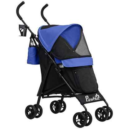Dog Buggy Foldable Dog & Cat Stroller Cat Buggy with Mesh Windows, Shoulder Strap, Storage Bag, Cup Holder Umbrella Cat Buggy Dark Blue