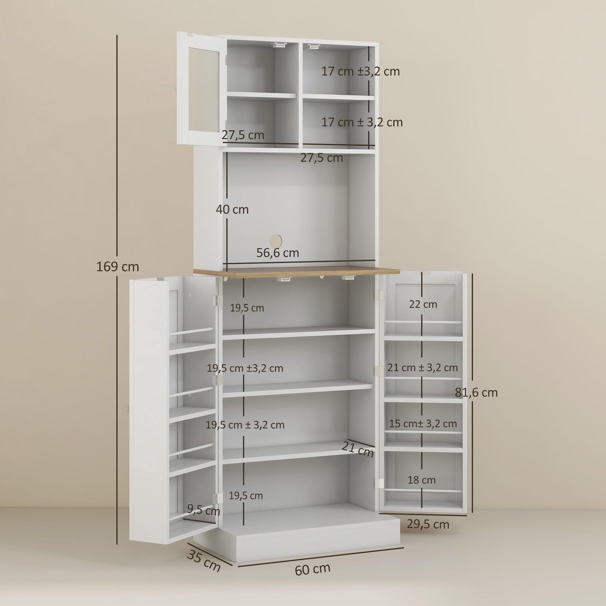 Kitchen Pantry Kitchen Cabinet Kitchen Sideboard with 3 Doors Adjustable Shelves and 8 Door Shelves for Dining Room Living Room 60x35x169 cm White