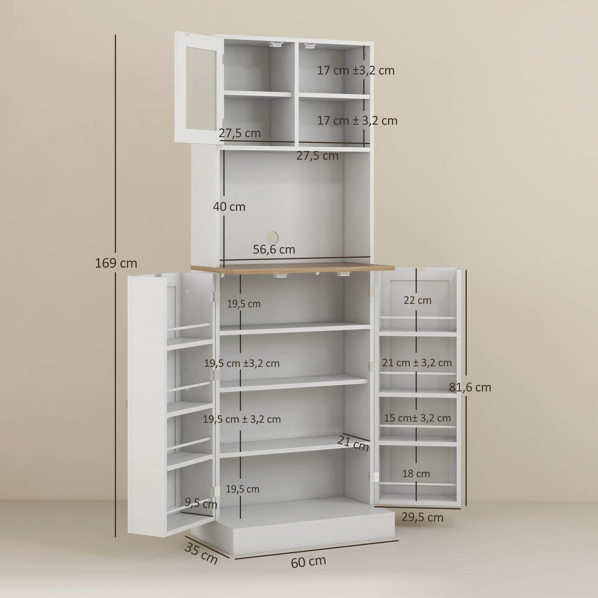 Kitchen Pantry Kitchen Cabinet Kitchen Sideboard with 3 Doors Adjustable Shelves and 8 Door Shelves for Dining Room Living Room 60x35x169 cm White