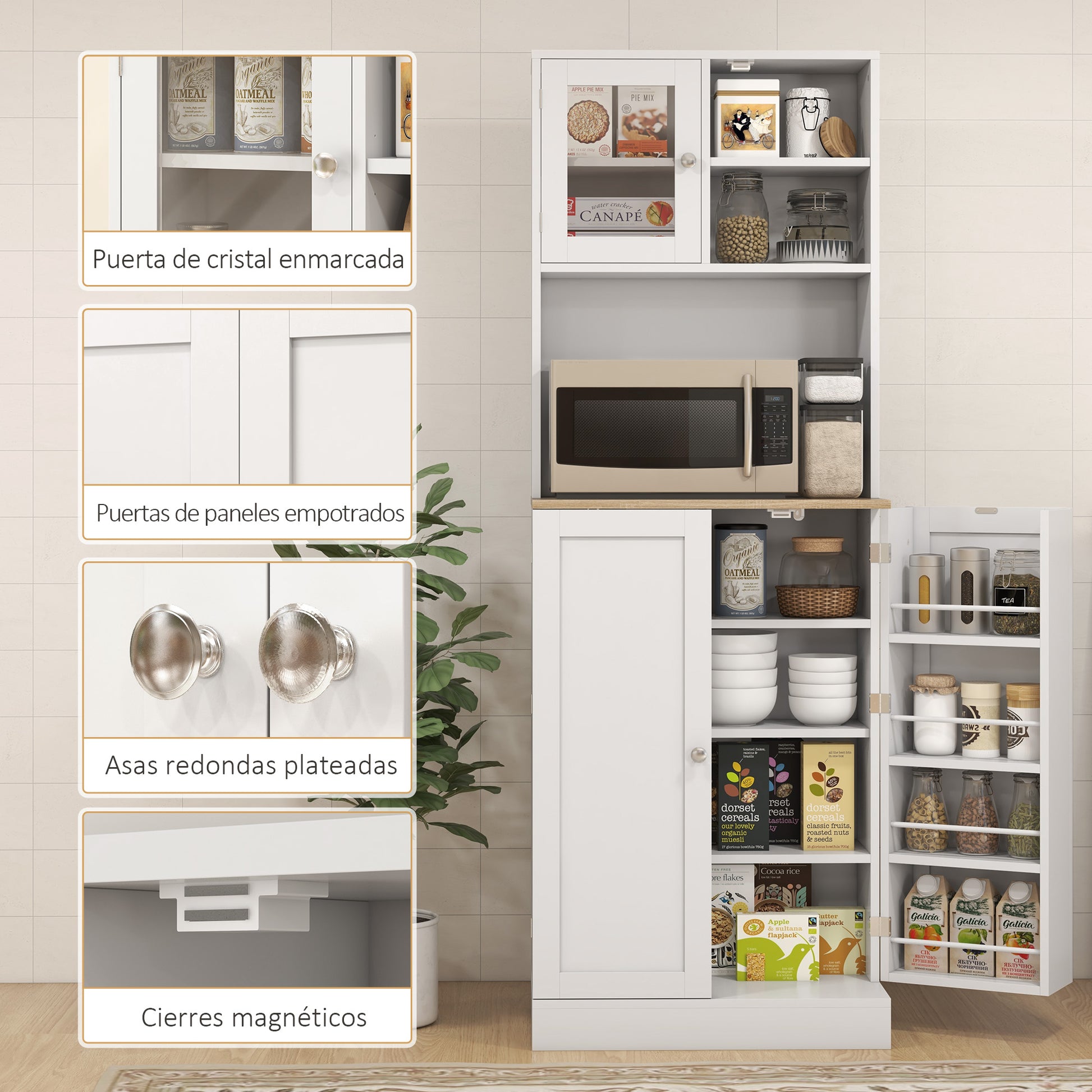Kitchen Pantry Kitchen Cabinet Kitchen Sideboard with 3 Doors Adjustable Shelves and 8 Door Shelves for Dining Room Living Room 60x35x169 cm White