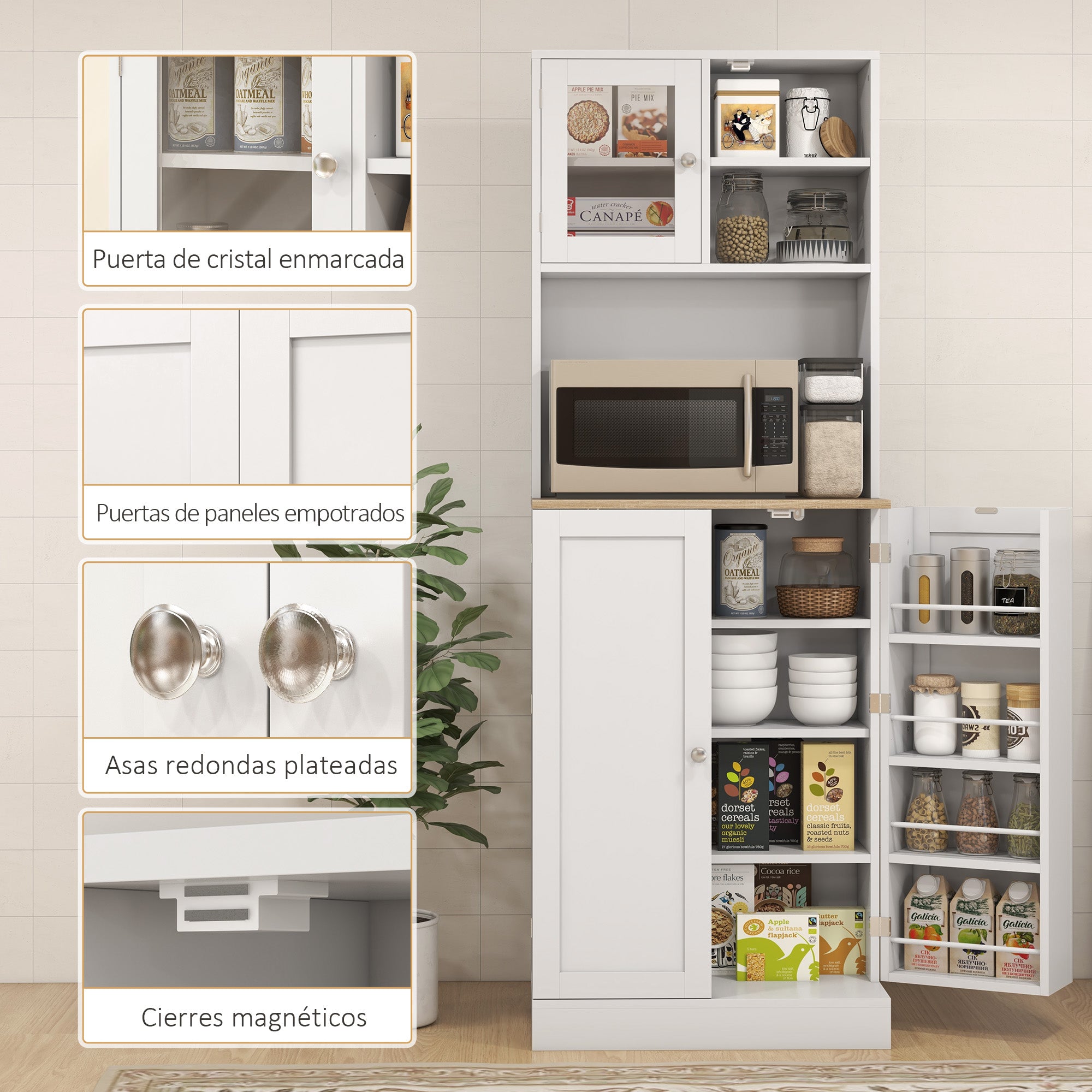 Kitchen Pantry Kitchen Cabinet Kitchen Sideboard with 3 Doors Adjustable Shelves and 8 Door Shelves for Dining Room Living Room 60x35x169 cm White