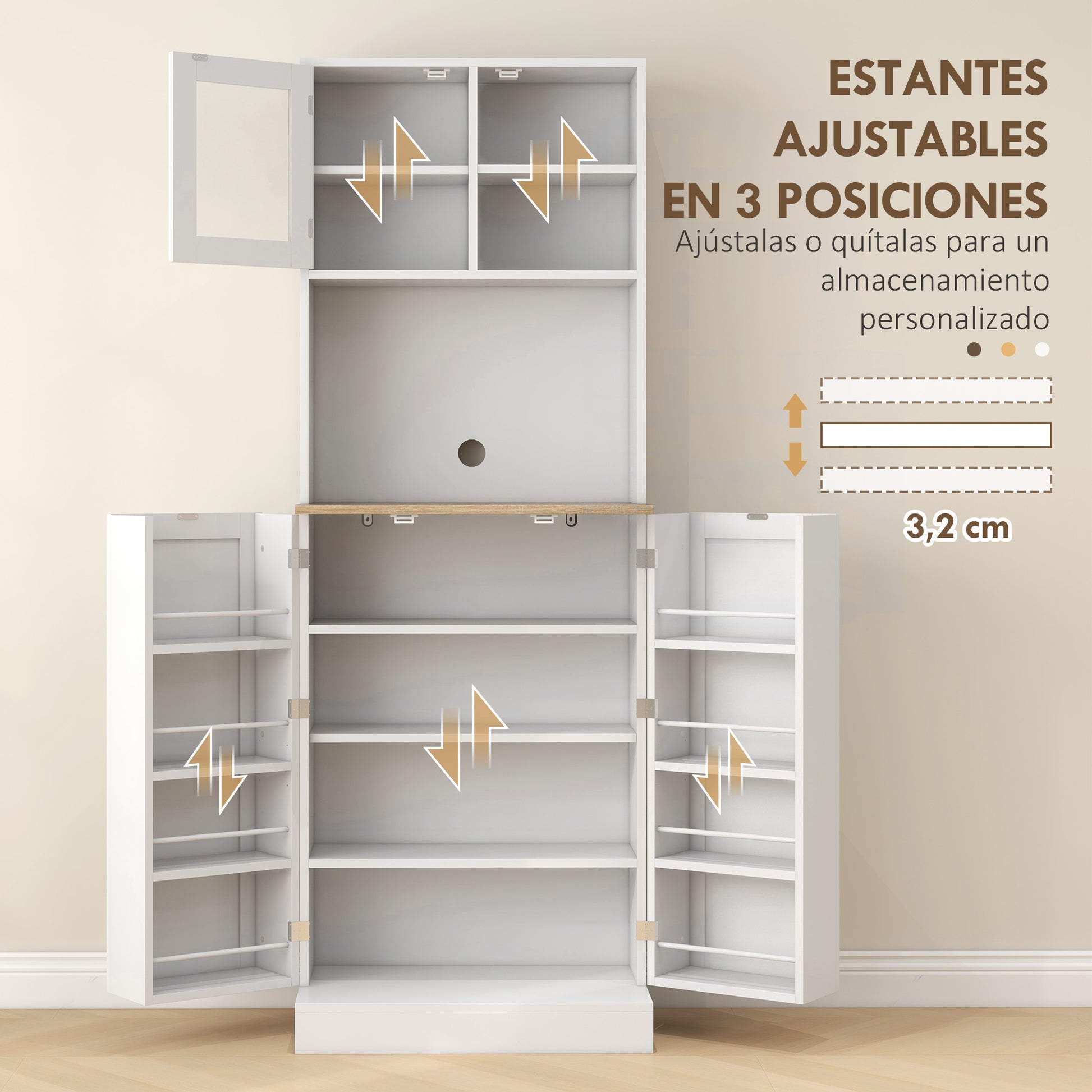 Kitchen Pantry Kitchen Cabinet Kitchen Sideboard with 3 Doors Adjustable Shelves and 8 Door Shelves for Dining Room Living Room 60x35x169 cm White